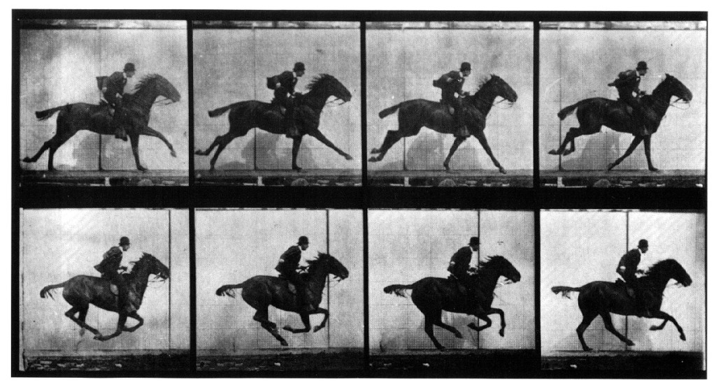 equência de fotos feita pelo inglês Muybridge para provar que os cavalos tiram as quatro patas do chão quando galopam