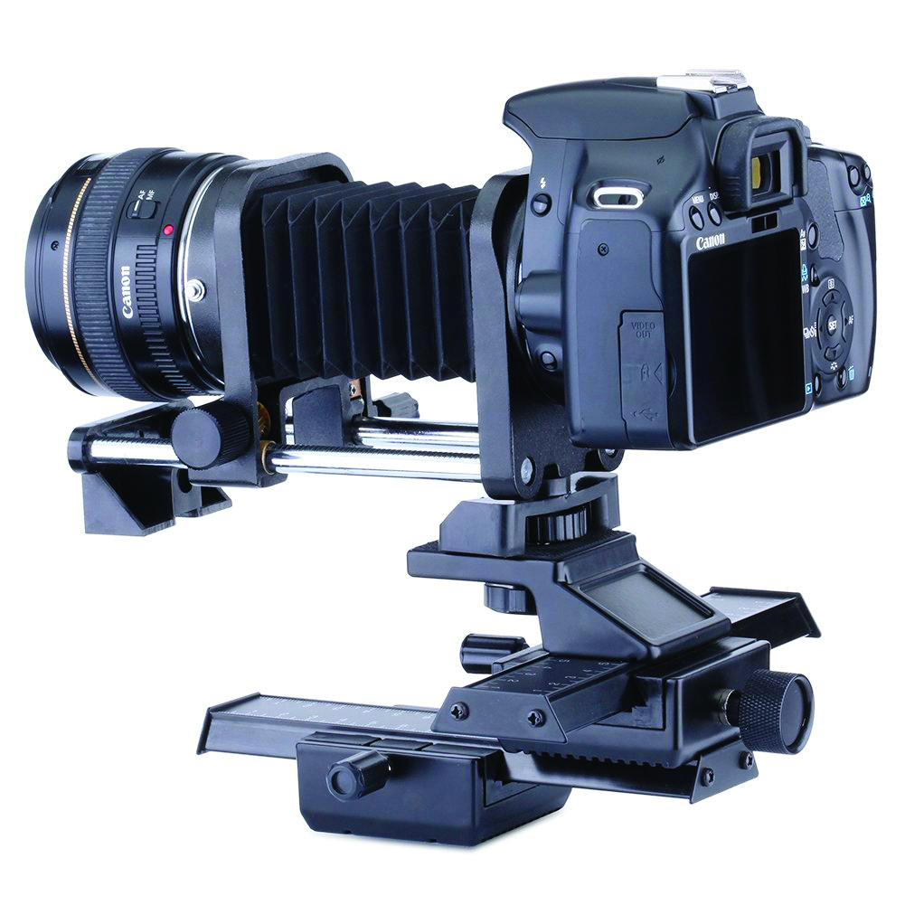 O fole de extensão é conectado entre a câmera a lente