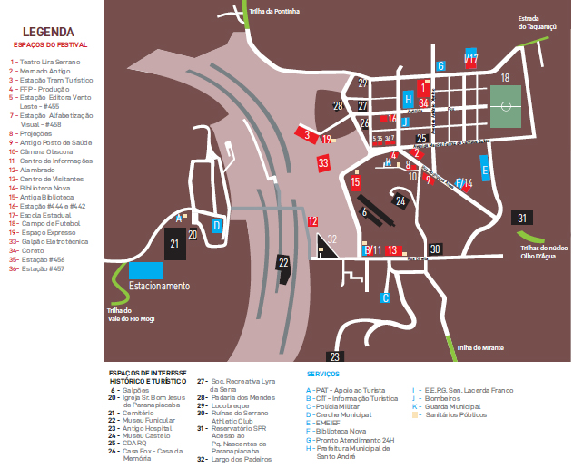 Mapa dos espaços do festival e setores de serviço na Vila de Paranapiacaba